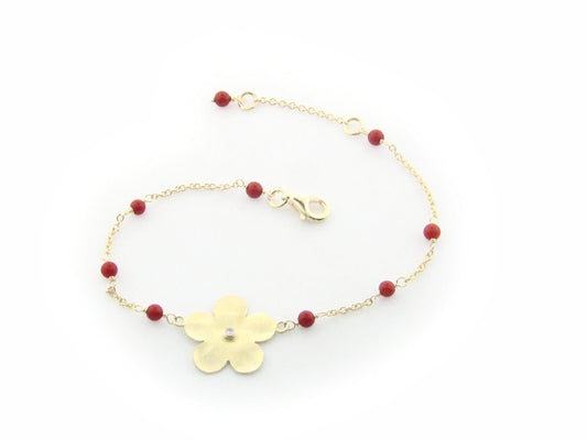 BecKids .925 Sterling Silver Hammered Flower and Coral Bracelet dipped in Gold, 6" Bracelets