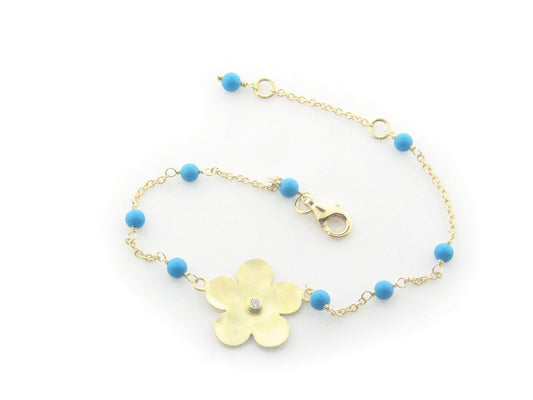 BecKids .925 Sterling Silver Hammered Flower and Turquoise Bracelet dipped in Gold, 6" Bracelets