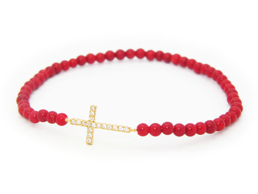 Red Coral Golden Cross Bracelet, Elastic Bracelets