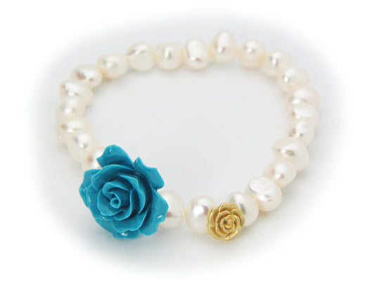 Powder Blue Ceramic Rose Fresh Water Pearl Stretch Bracelet in Sterling Silver Bracelets