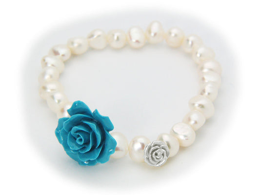 Powder Blue Ceramic Rose Fresh Water Pearl Stretch Bracelet in Sterling Silver Bracelets