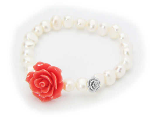 Ceramic Pink Rose Fresh Water Pearl Stretch Bracelet in Sterling Silver Bracelets