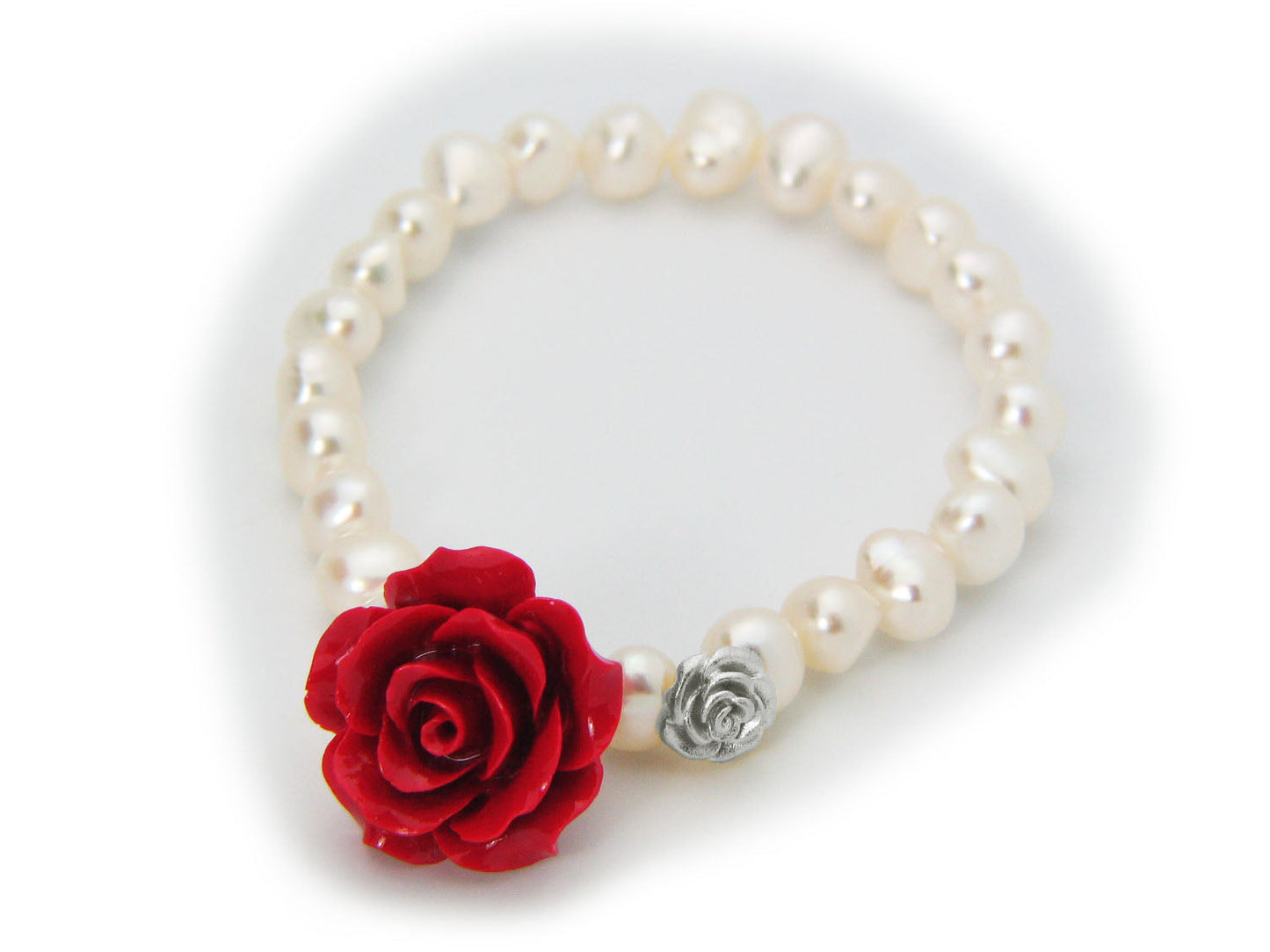 Luscious Red Ceramic Rose Fresh Water Pearl Stretch Bracelet in Sterling Silver Bracelets