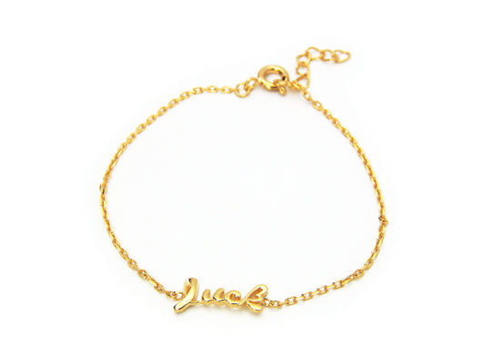 Slender Cursive Luck Bracelet In 18k Gold Plated 925 Sterling Silver, 6" Long Bracelets