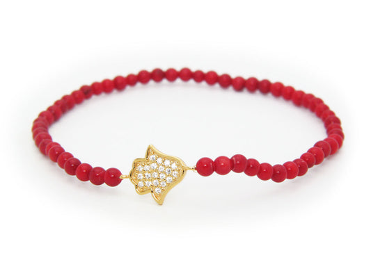 Red Coral Golden Hamsa Bracelet, Elastic Bracelets