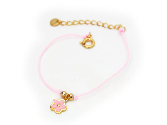 BecKids Pink Enamel Daisy Flower Charm Pink Cord Bracelet in Vermeil Bracelets