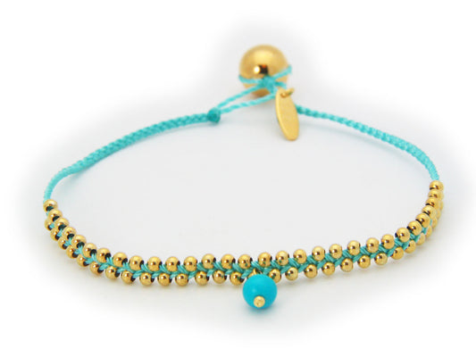 October Turquoise Stone Teal Cord Birthstone Bracelet in Vermeil, 6" Bracelets