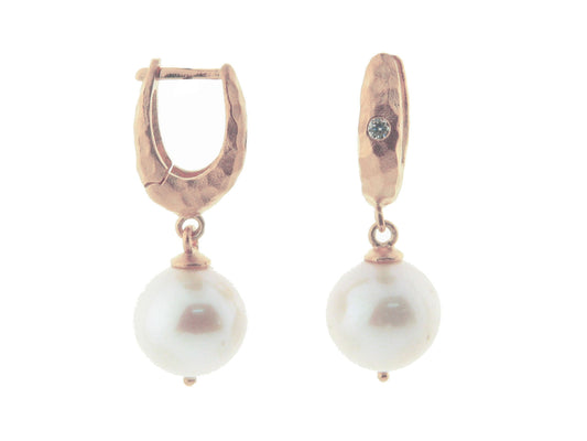 Hammered Rose Gold Plated Cultured Freshwater Pearl Drop Huggies in Sterling Silver Earrings