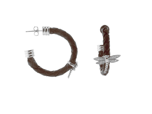 Brown Leather Dragonfly Hoop Earrings Earrings