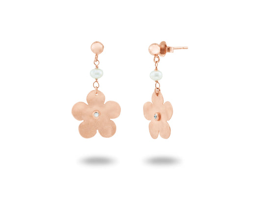 Dangling Hammered Flower & Pearl Earrings Earrings