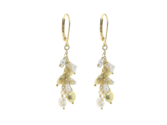 Dangling Gold Bead & Pearl Cluster French Clasp Earrings Earrings