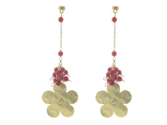 Dangling Hammered Flower & Coral Cluster Earrings Earrings