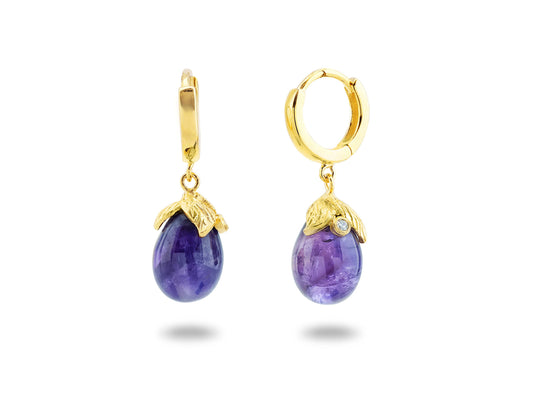 Golden Amethyst Bulb Huggies Earrings