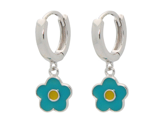 BecKids Girls Sterling Silver Dangling Turquoise & White Dot Enamel Flower Charm Huggie Earrings,10mm Earrings