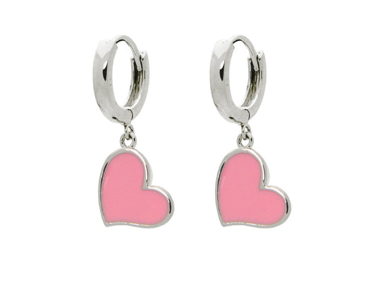 Mini Huggie Girls Earrings With Pink Enamel Hearts in Sterling Silver Earrings