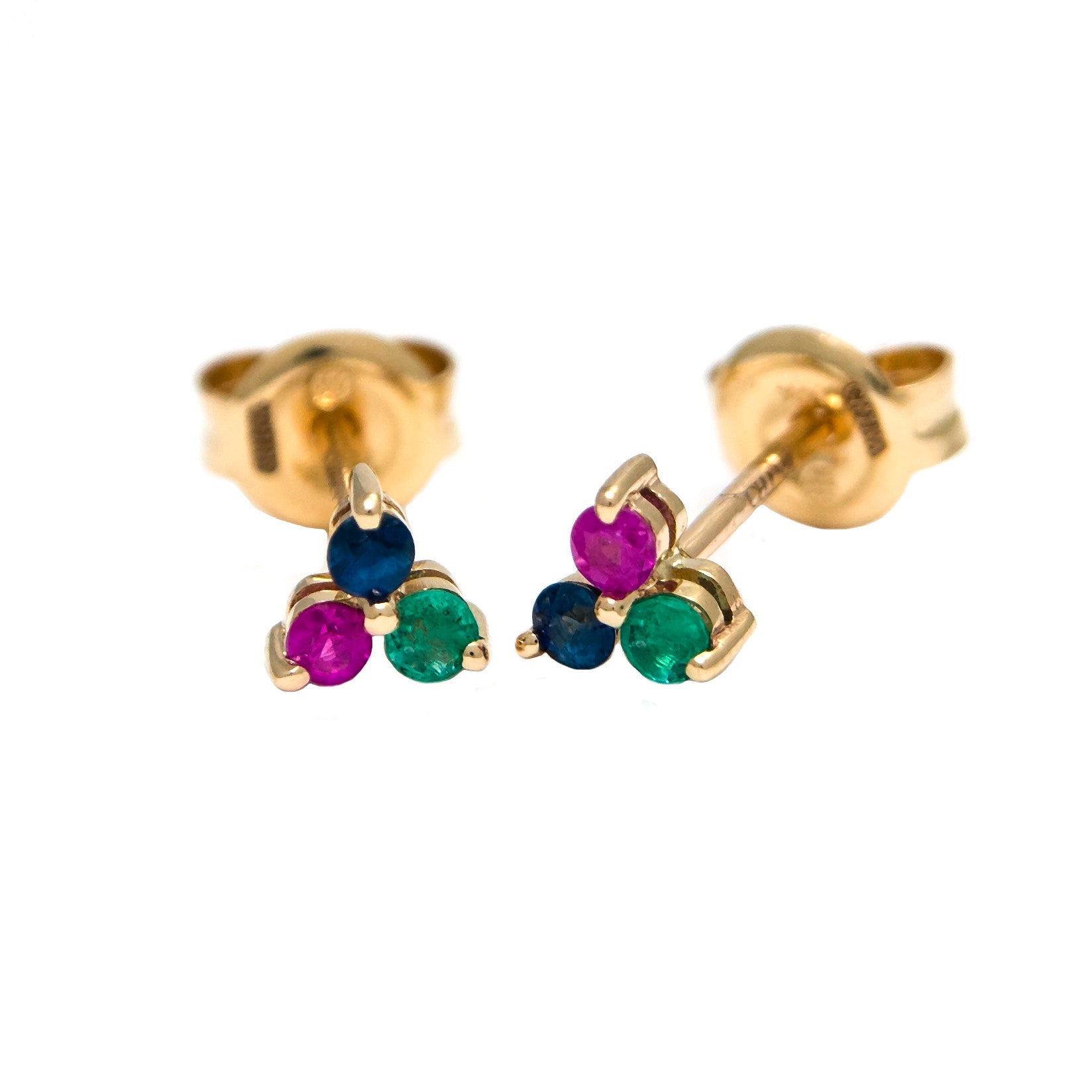 14k Yellow Gold Mini Ruby, Emerald, Sapphire Triumvirate Stud Earrings Earrings