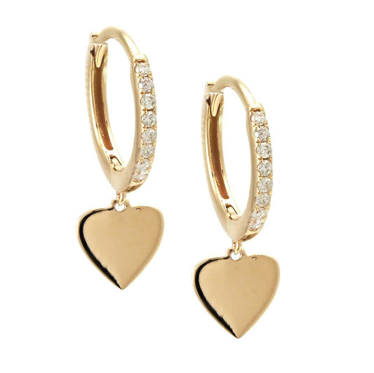 14k Yellow Gold Micro Pave Mini Hoop With Heart Charm Diamond Earring, 6 x 17mm Earrings