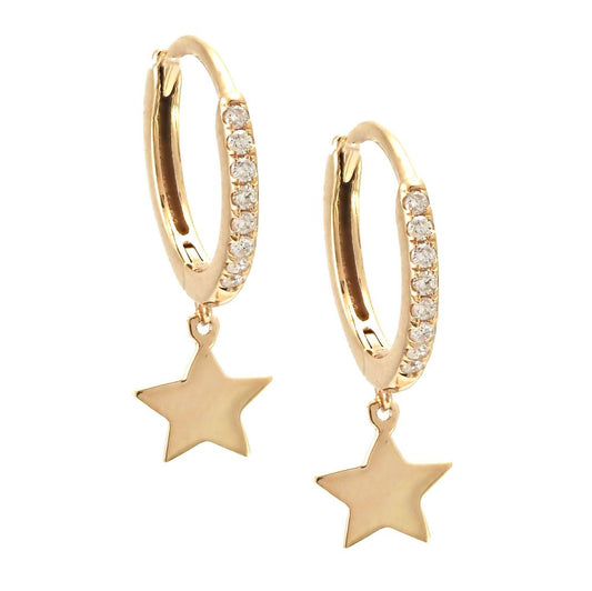 14k Yellow Gold Micro Pave Mini Hoop With Star Charm Diamond Earring, 6 x 17mm Earrings