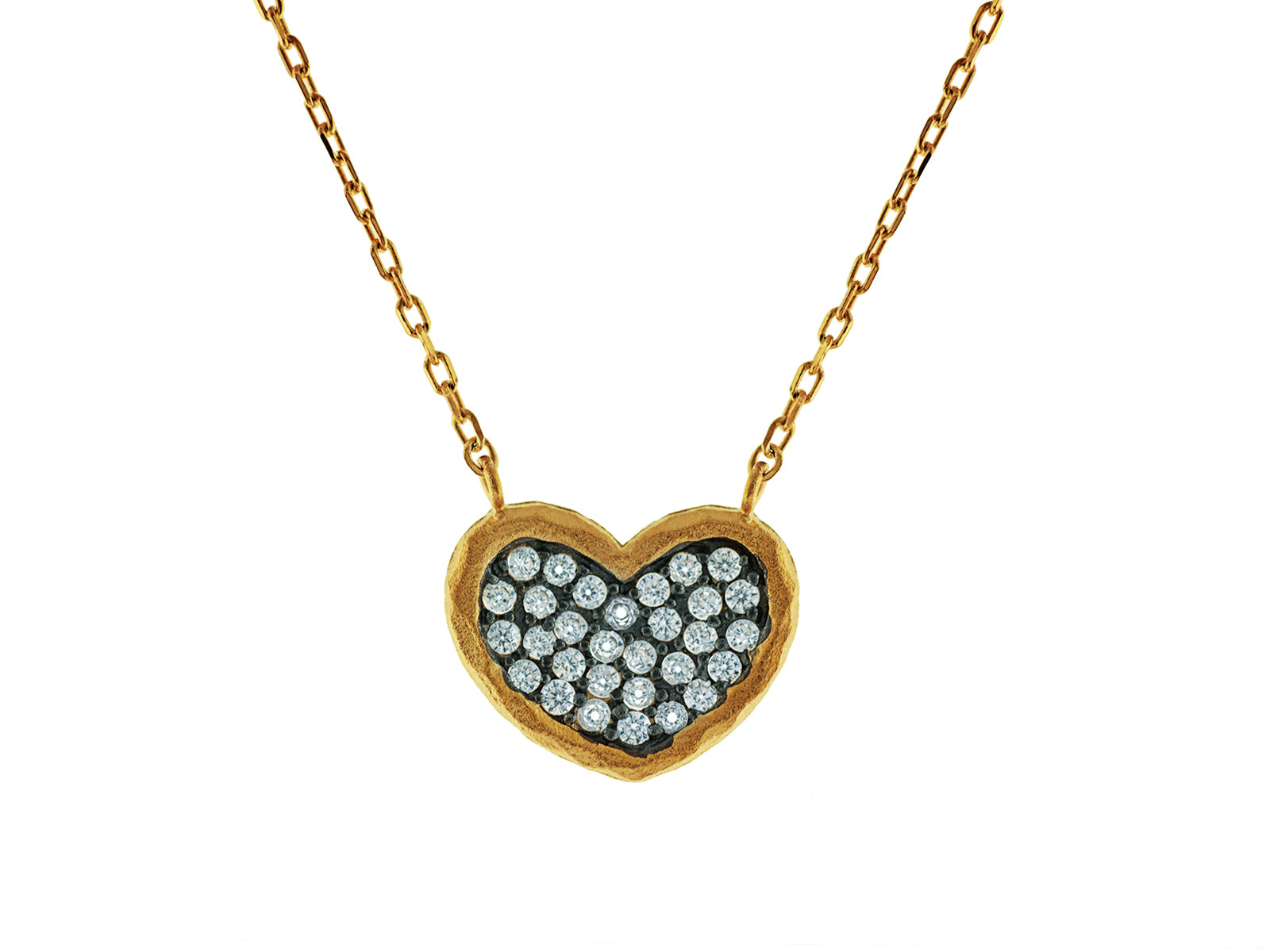 Sparkling Cubic Zirconia Black Hammered Heart Pendant Necklace in Vermeil, 15 + 2" Extender Necklaces