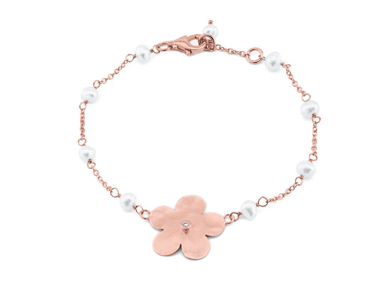 Fronay Co .925 Sterling Silver Hammered Flower and Freshwater Cultured Pearls Bracelet dipped in Rose Gold, 6.5" Bracelets