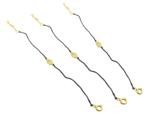 Gold Plated "Hamsa" Black Cord Bracelets - Set of 3- 7" Bracelets