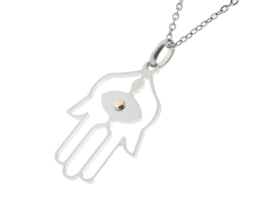 Stainless Steel Hamsa Necklace w/ 14k Gold Center Eye Necklaces