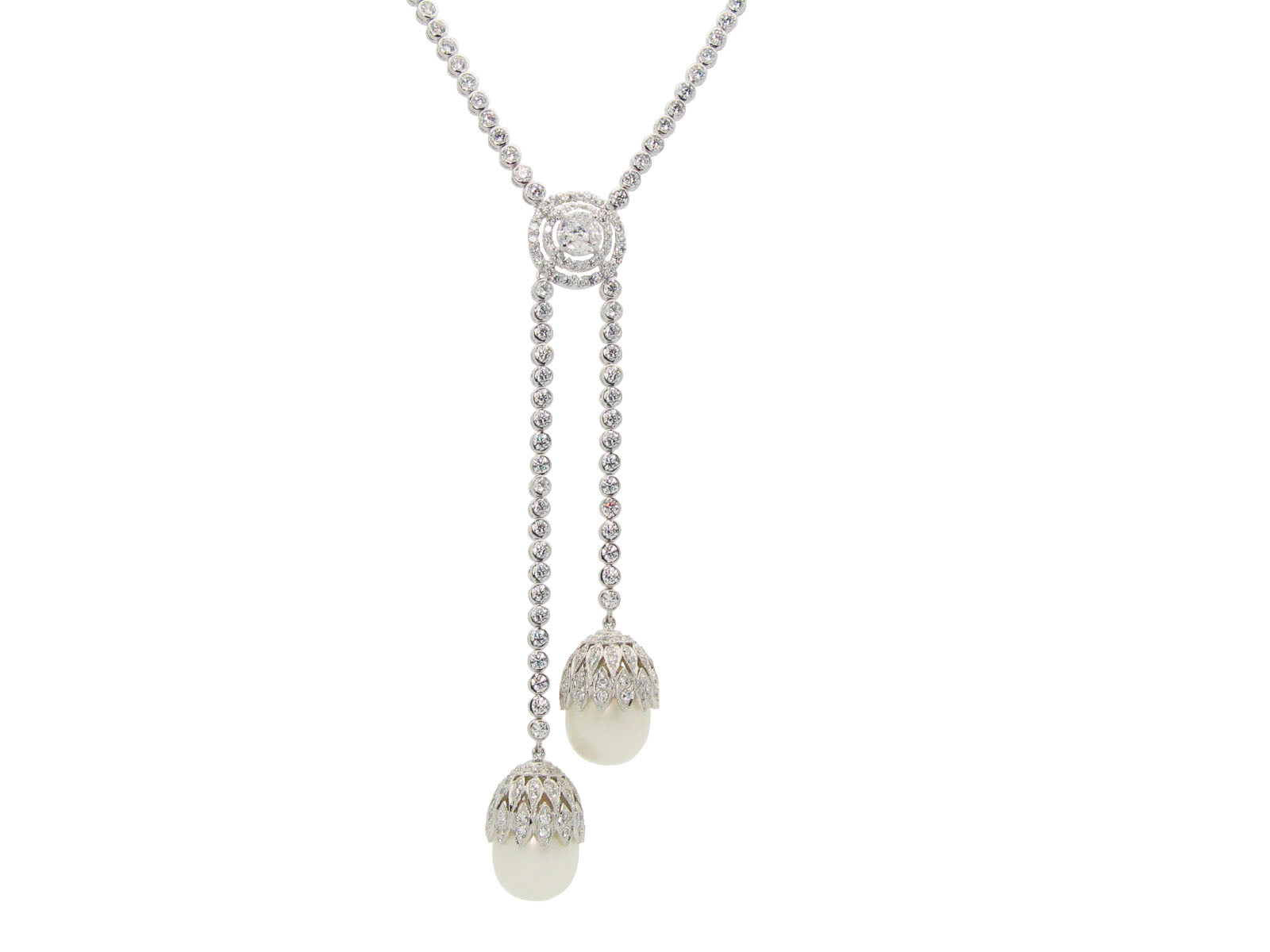 Long CZ Riviera Necklace Two Drop Crowned Pearls Necklaces