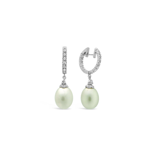 Sterling Silver CZ Dangling Pearl Huggie Hoop Earrings Earrings