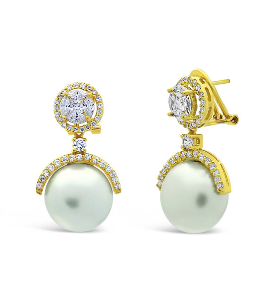 Crown Shell Pearl Cubic Zirconia Omega Clip Earrings Earrings