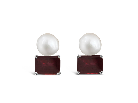 Large Button Pearl & Simulated Red Ruby Omega Back Stud Earrings Earrings