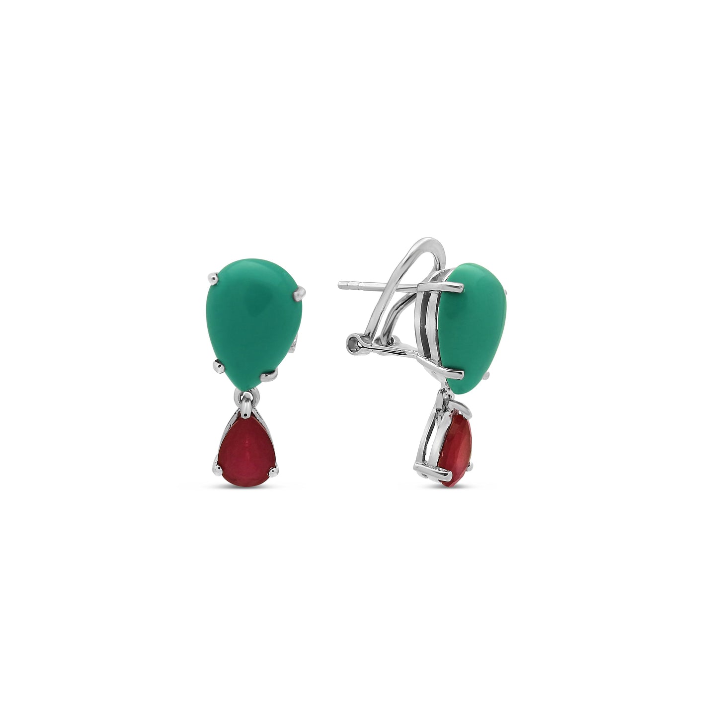 Sterling Silver Mini Simulated Turquoise and Ruby Almond Drop Earrings Earrings