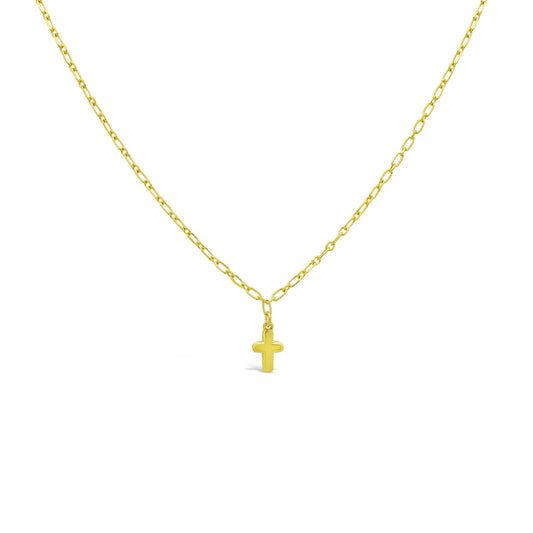 Gold Plated Sterling Silver Puffy Cross Mini Paper Clip Chain Bracelet, 16" + 2" Necklaces