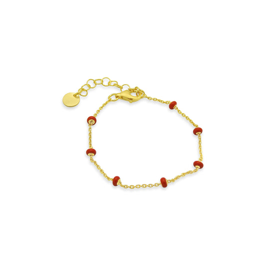 Gold Plated Sterling Silver Red Enamel Bead Bracelet, 6" + 1" Bracelets