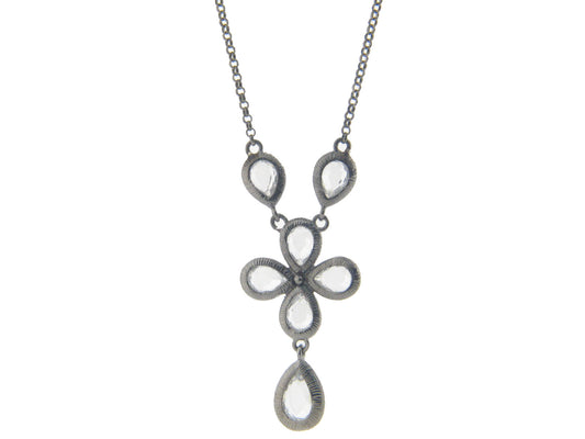 Black Rhodium Plated Sterling Silver Glamour Stone Flower Necklace 16" + 2" Necklaces