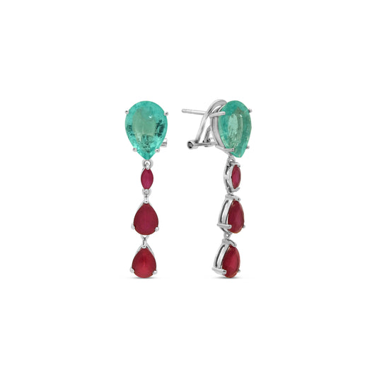 Sterling Silver Simulated Aquamarine and Ruby Line Almond Drop Earrings Earrings