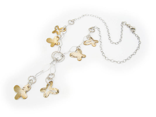 Italian Sterling Silver Two Tone Dangling Diamond Cut Butterflies Lariat Necklace 16" + 2.5" Drop Necklaces
