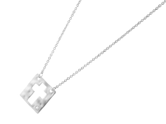 Sterling Silver Cutout Cross & Diamond Plaque Necklace Necklaces