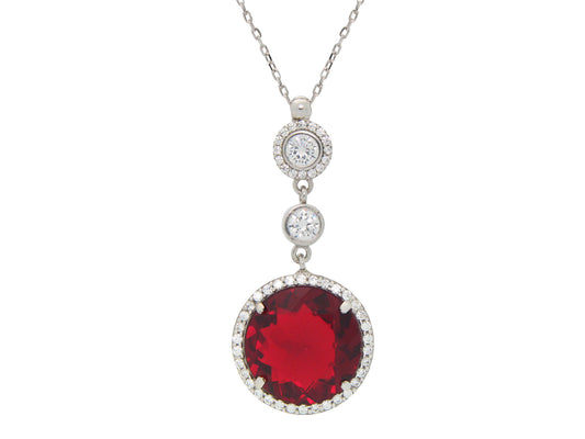 Fronay Co .925 Sterling Silver Round Red Cubic Zirconia Pendant Necklace, 16" Necklaces