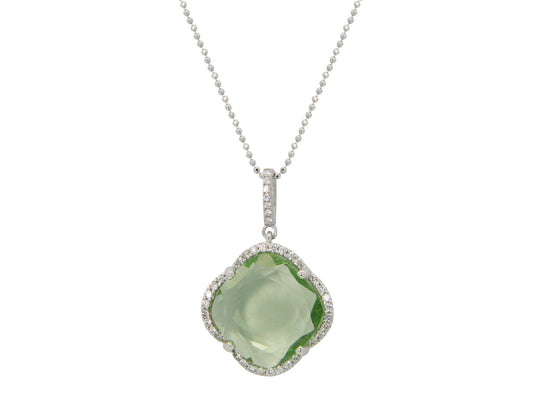 Women's Green Zirconia Clover Necklace in Rhodium Plated Sterling Silver, 16" Necklaces