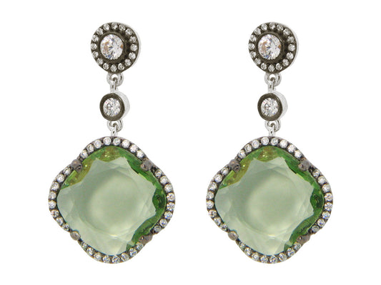 Women's Green Zirconia Stone Clover Dangle Earrings CZ Border Black Rhodium Flashed Sterling Silver Earrings