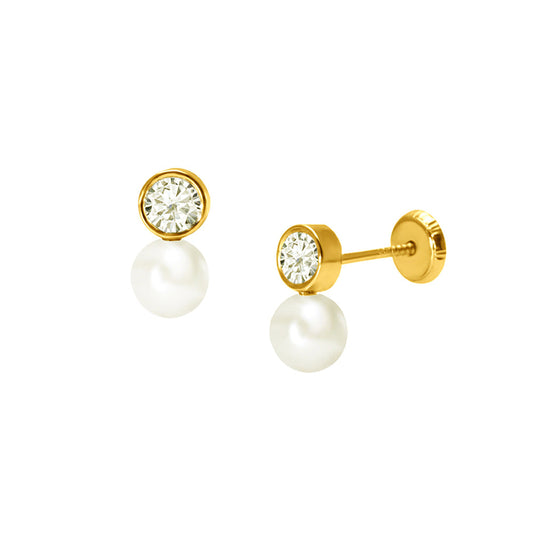 14k Gold 5mm Gala Pearl & Bezel CZ/Children's Earrings - Screw Back Earrings