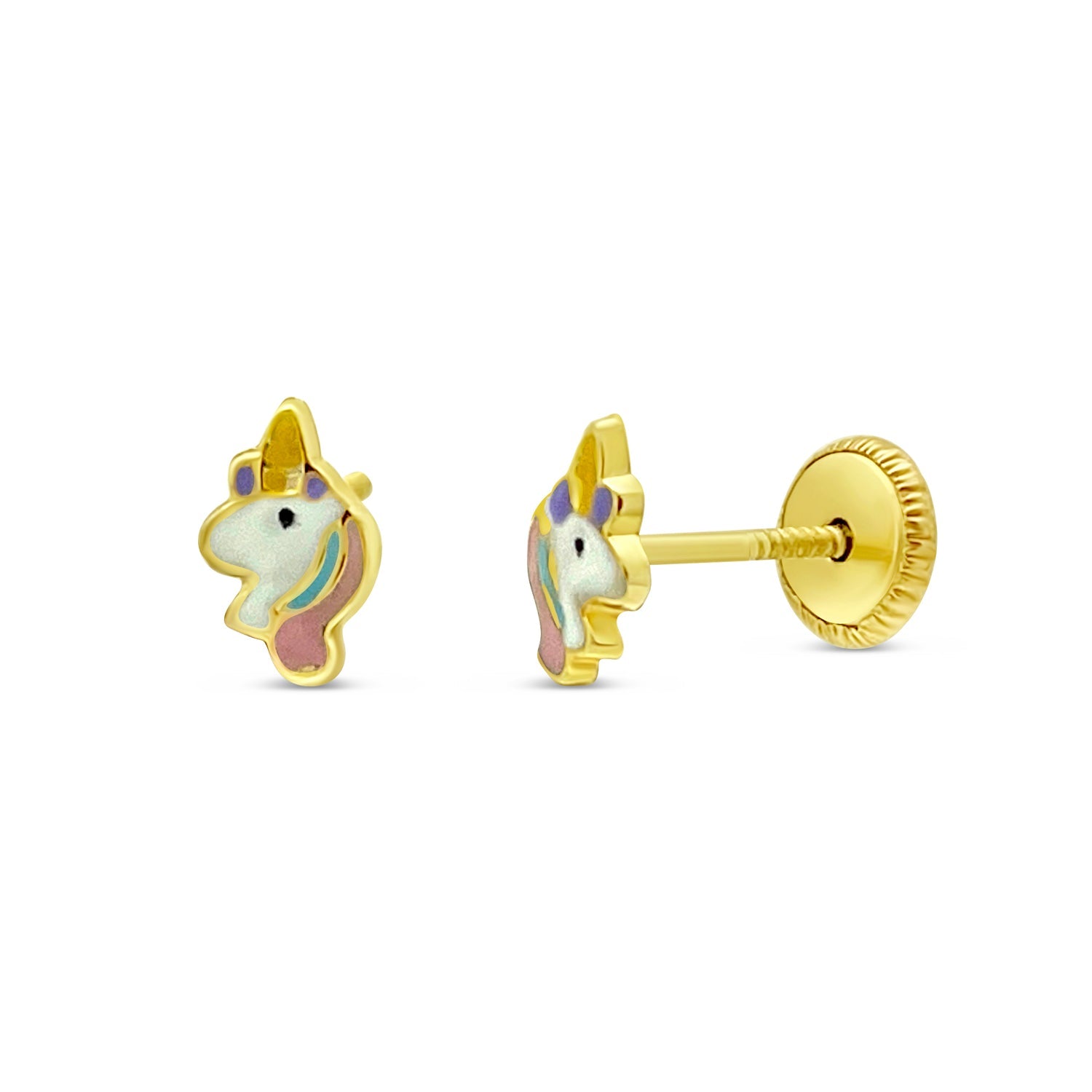 Colorful Unicorn Stud Earrings/Childrens Earrings, Screw Back - 14k Yellow Gold Earrings