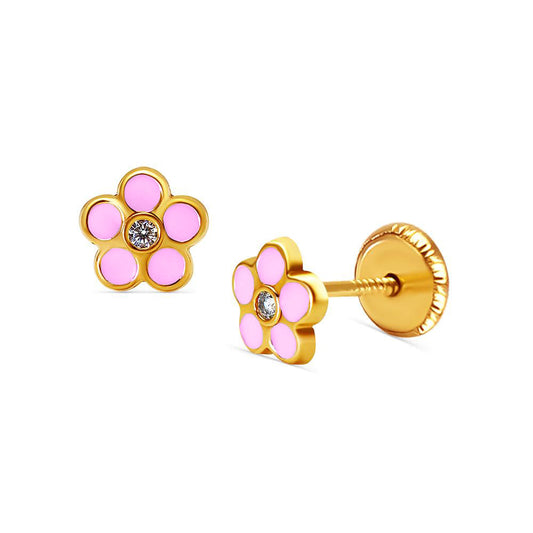 Pink Daisy Flower Stud Earrings - Childrens Jewelry, Screw Back - 14k Yellow Gold Earrings