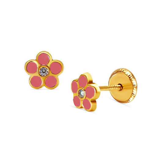 Fuccia Daisy Flower Stud Earrings - Childrens Jewelry, Screw Back - 14k Yellow Gold Earrings