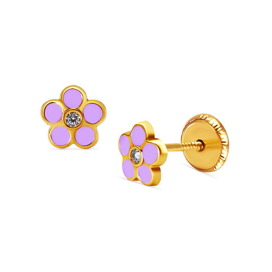 Lavender Daisy Flower Stud Earrings - Childrens Jewelry, Screw Back - 14k Yellow Gold Earrings