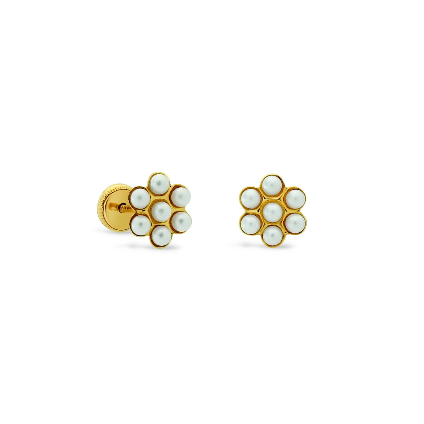 14k Gold Mini Pearl Flower Stud Earrings - Screw Back Earrings