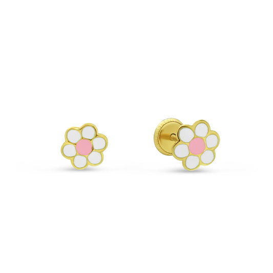 14k Gold Pink Enamel Flower Screwback Stud Earrings EARRINGS