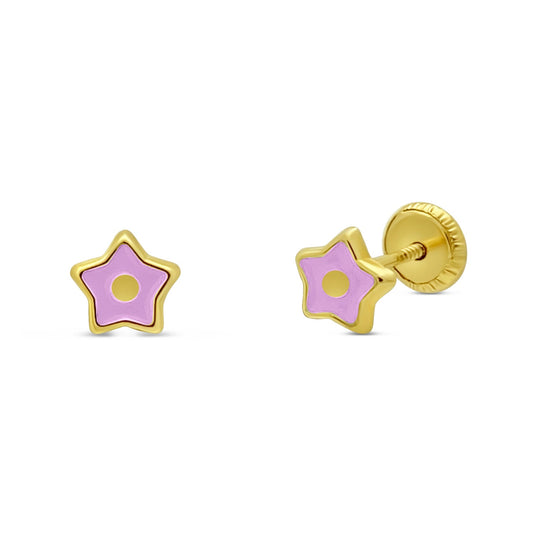 14k Gold Pink Enamel Star Screwback Earrings Earrings