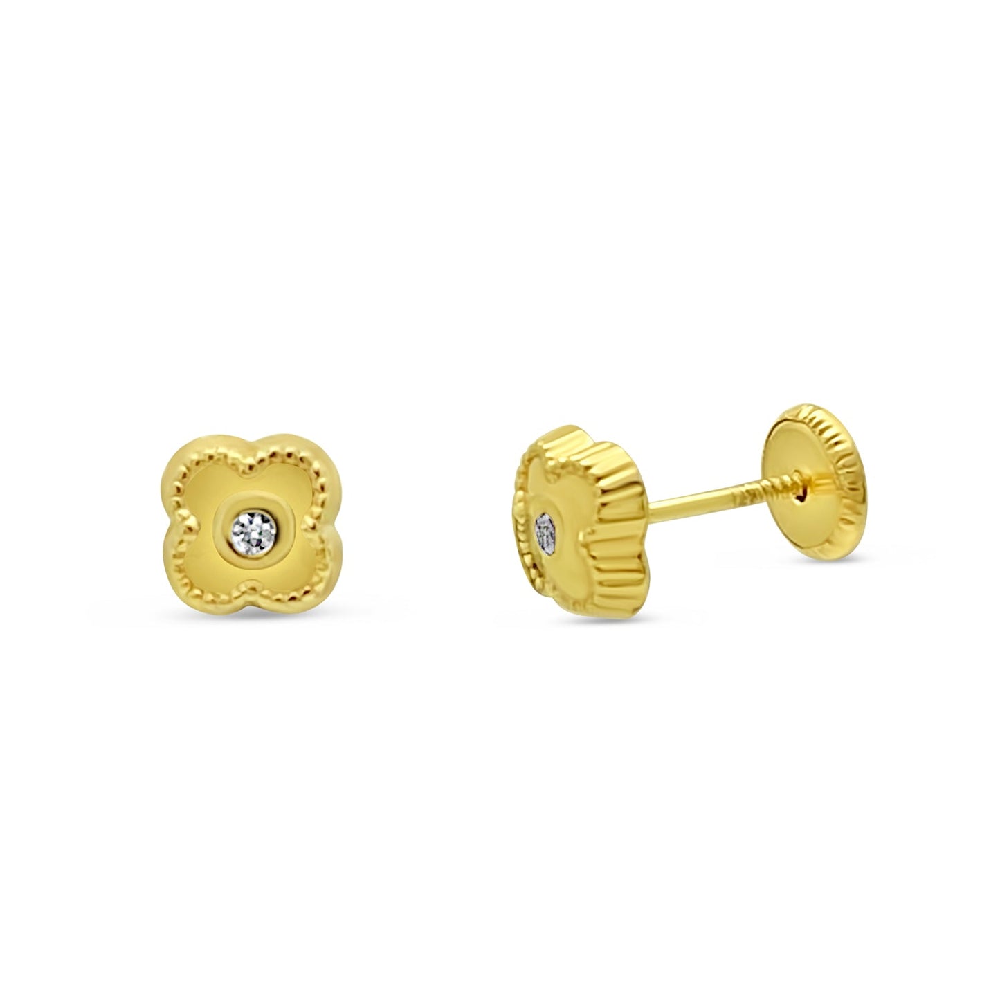 14k Yellow Gold White Topaz Clover Screwback Stud Earrings Earrings