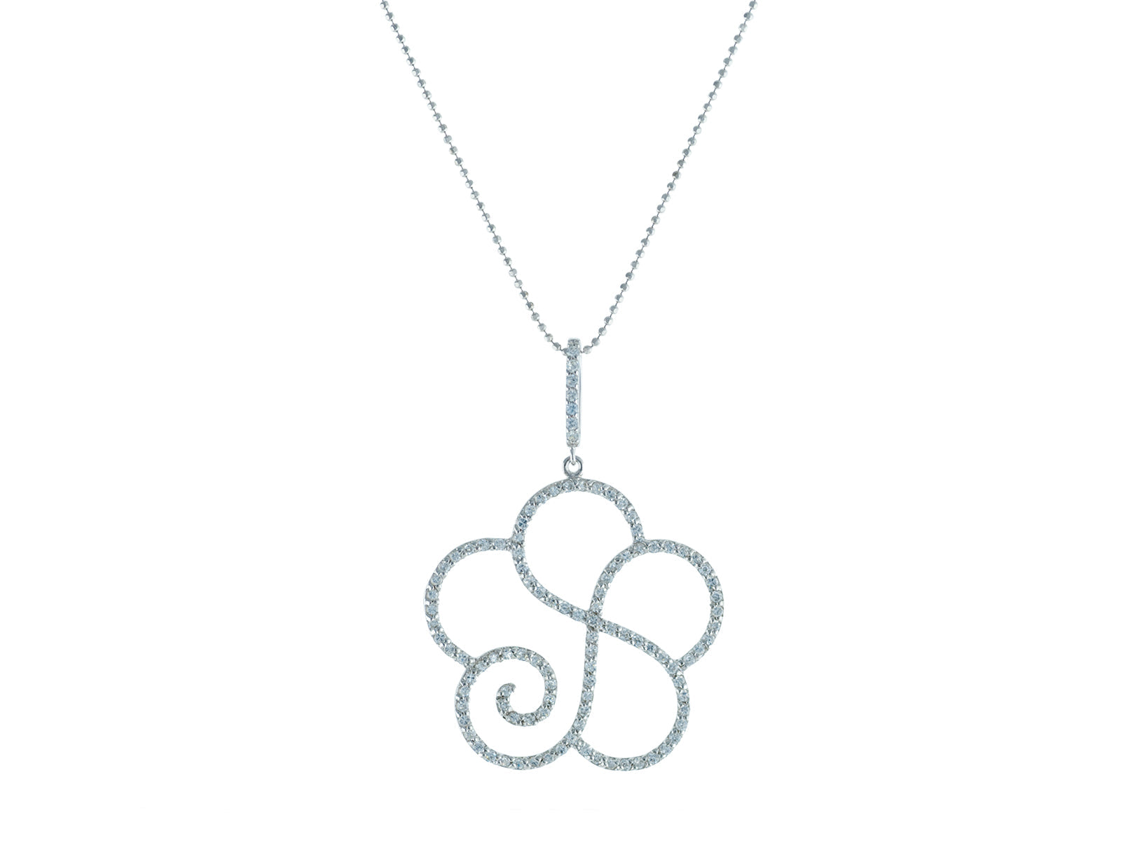 Platinum Plated Sterling Silver Twisted Cubic Zirconia CZ Flower Pendant Necklace, 16" Necklaces
